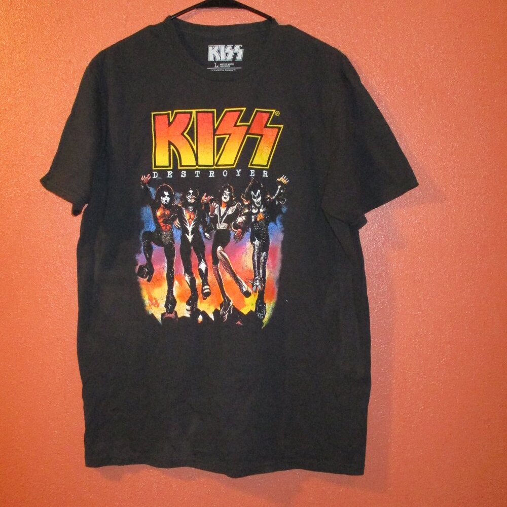 Kiss Shirt Destroyer Woman Large Black White Red Yellow Music Guitar Drums Shirt